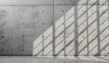 Soyut boş, modern beton oda. Pencereden güneş ışığı alıyor. Endüstriyel iç plan, 3B Hazırlama.