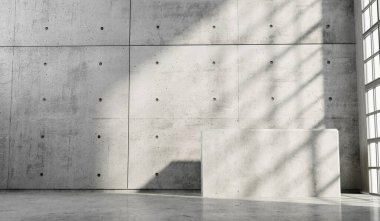 Soyut boş, modern beton oda. Pencereden güneş ışığı alıyor. Endüstriyel iç plan, 3B Hazırlama.