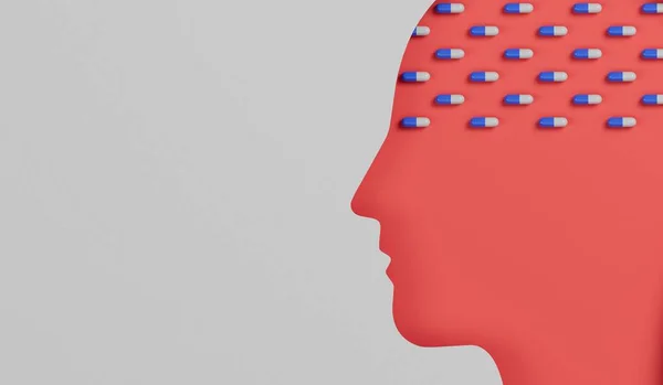 精神健康处方药 头与药物胶囊 抗抑郁药 3D渲染 — 图库照片