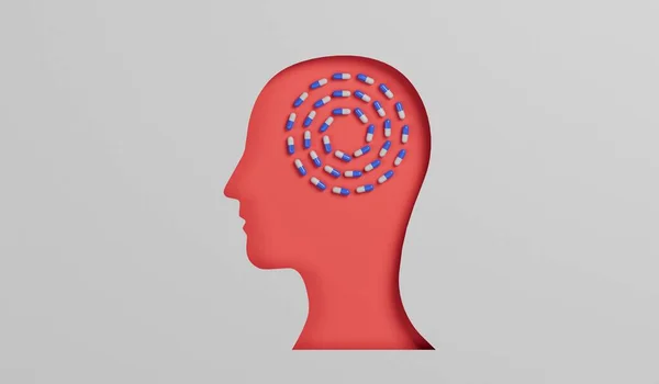 精神健康处方药 头与药物胶囊 抗抑郁药 3D渲染 — 图库照片