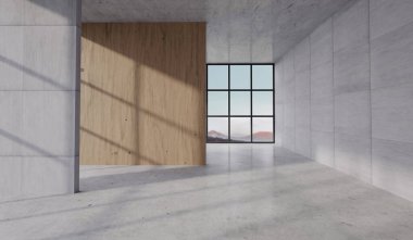 Somut modern iç mekan. Boş duvarlar ve güneş ışığı gölgeli büyük pencereler. 3B Hazırlama.