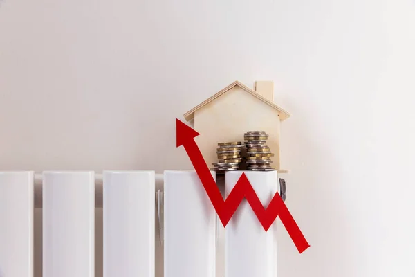 Home Heating Bills Increase Red Arrow House Heating Radiator — Stock Photo, Image