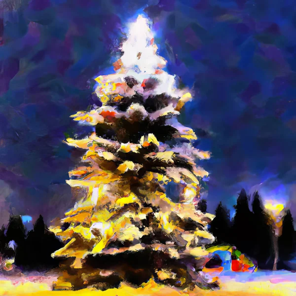 Φωτισμένο Χριστουγεννιάτικο Δέντρο Στη Νυχτερινή Ζωγραφική Στυλ Εικονογράφηση — Φωτογραφία Αρχείου