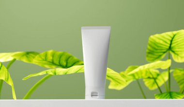 Kozmetik tüp ürünü maketi. Tropikal yapraklarla güzel cilt bakımı paketi. 3B Hazırlama.