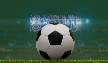 Futbol topu stadyum ışıkları ve Suudi Arabistan bayrağı önünde çimlerin üzerinde. 3B Hazırlama.