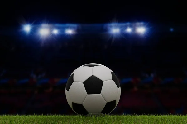 Piłka Nożna Piłka Nożna Boisku Trawiastym Przed Światłami Stadionu Renderowanie — Zdjęcie stockowe