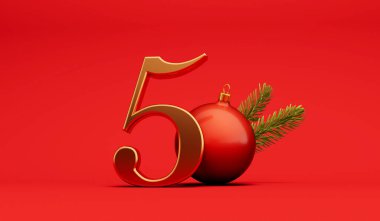 The 12 days of christmas. 5th day festive background gold lettering with bauble. 3D Rendering. clipart