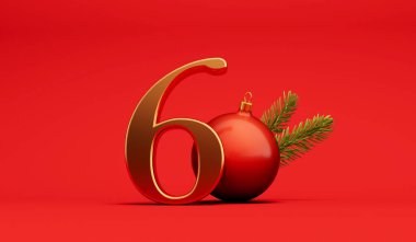 The 12 days of christmas. 6th day festive background gold lettering with bauble. 3D Rendering. clipart