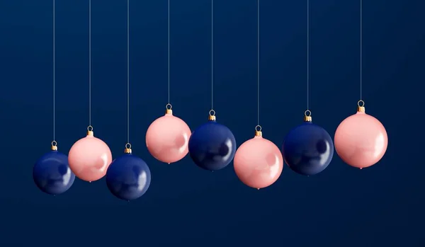 stock image Pink and blue festive christmas hanging baubles. Christmas poster. 3D Rendering.