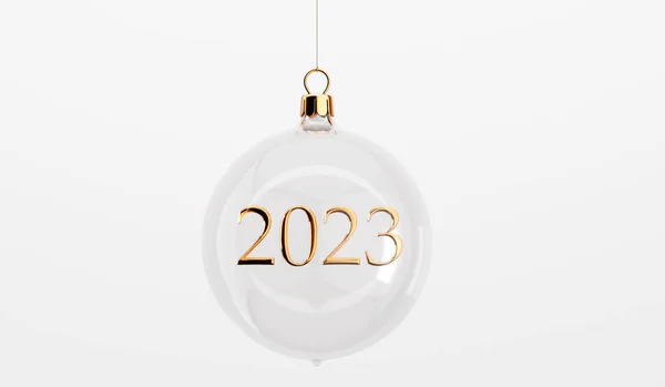 Szklane Świąteczne Święta Wiszące Bombki Złotą Wiadomością 2023 Renderowanie — Zdjęcie stockowe