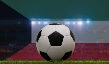 Stadyum ışıkları ve kuveyt bayrağı önünde çimenlikte futbol topu. 3B Hazırlama.