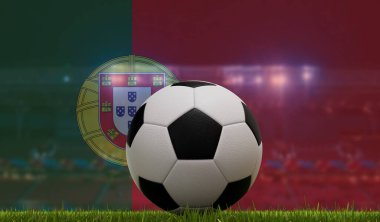 Stadyum ışıkları ve Portekiz bayrağı önünde çimen üzerinde futbol topu. 3B Hazırlama.