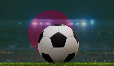 Soccer football ball on a grass pitch in front of stadium lights and bangladesh flag. 3D Rendering. clipart