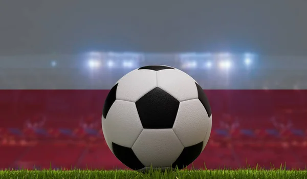 Soccer football ball on a grass pitch in front of stadium lights and poland flag. 3D Rendering.