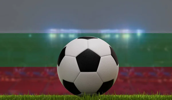Soccer football ball on a grass pitch in front of stadium lights and bulgaria flag. 3D Rendering.