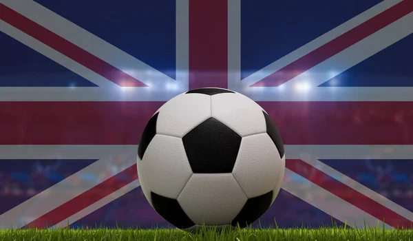 Focilabda Egy Füves Pályán Stadion Fényei Egyesült Királyság Zászlaja Előtt — Stock Fotó