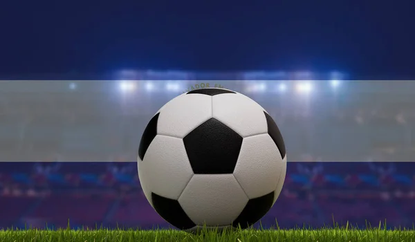 Soccer Football Ball Grass Pitch Front Stadium Lights Salvador Flag — Stock Photo, Image