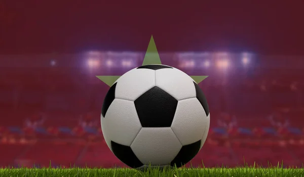 Soccer football ball on a grass pitch in front of stadium lights and vietnam flag. 3D Rendering.