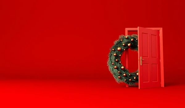 在一个开着的红色前门的冷杉枝的节庆圣诞花环 3D渲染 — 图库照片