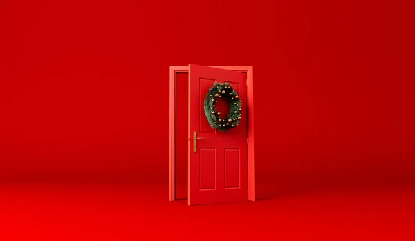 Kırmızı Bir Kapıda Köknar Dallarının Noel Çelengi Hazırlama — Stok fotoğraf