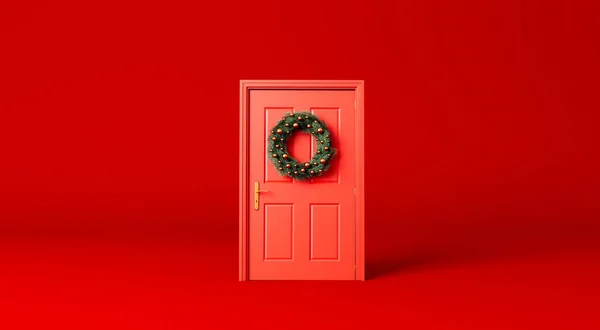 Праздничный Рождественский Венок Ель Красной Входной Двери Рендеринг — стоковое фото