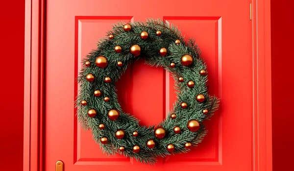 Святковий Різдвяний Вінок Ялинкових Гілок Червоних Вхідних Дверей Рендерингу — стокове фото