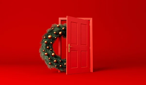 Ünnepi Karácsonyi Koszorú Fenyő Ágak Egy Piros Nyitott Bejárati Ajtó — Stock Fotó