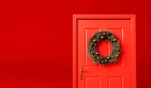 Святковий Різдвяний Вінок Ялинкових Гілок Червоних Вхідних Дверей Рендерингу — стокове фото