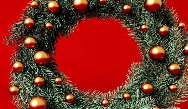 Dekorativer Festlicher Weihnachtskranz Aus Tannenzweigen Und Goldkugeln Rendering — Stockfoto