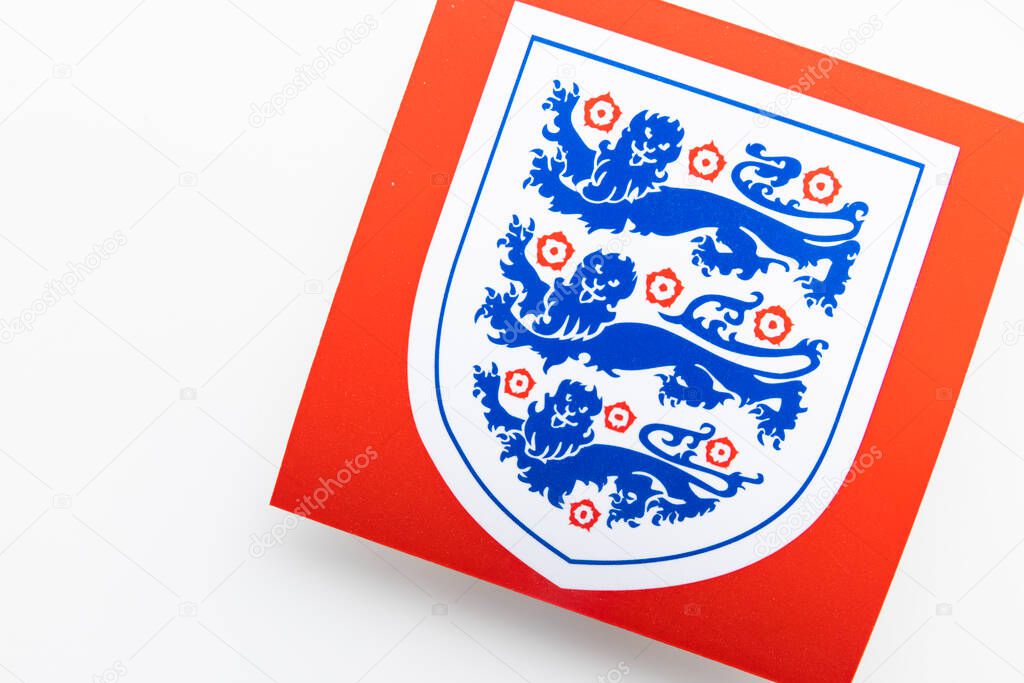 LONDON, UK - December 2022: England football logo Three lions national emblem badge.