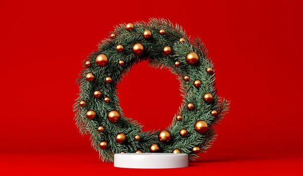 节庆圣诞产品展台与五个分枝花环 3D渲染 — 图库照片