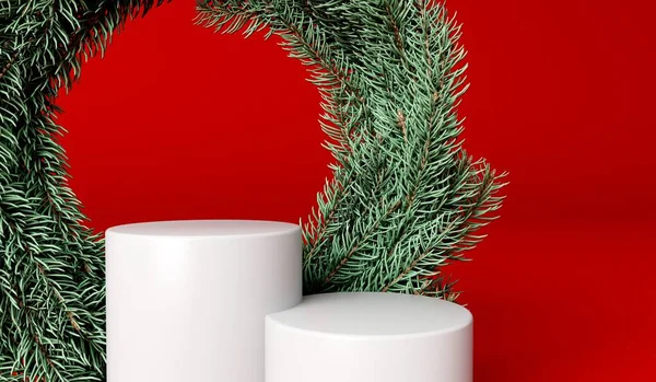 Świąteczny Produkt Świąteczny Wyświetlacz Podium Stoisko Fie Gałąź Wieniec Renderowanie — Zdjęcie stockowe