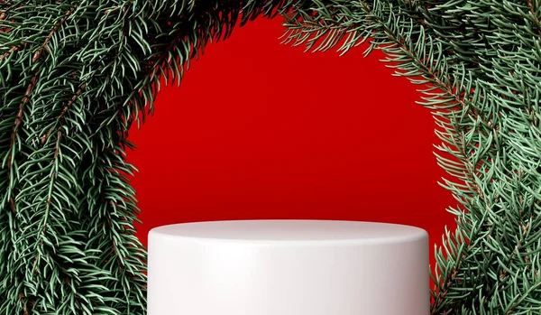 Świąteczny Produkt Świąteczny Wyświetlacz Podium Stoisko Fie Gałąź Wieniec Renderowanie — Zdjęcie stockowe