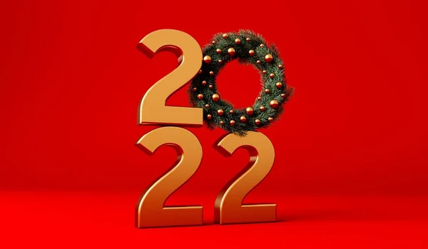 Gelukkig Nieuwjaar 2022 Gouden Tekst Met Feestelijke Dennenkrans Weergave — Stockfoto