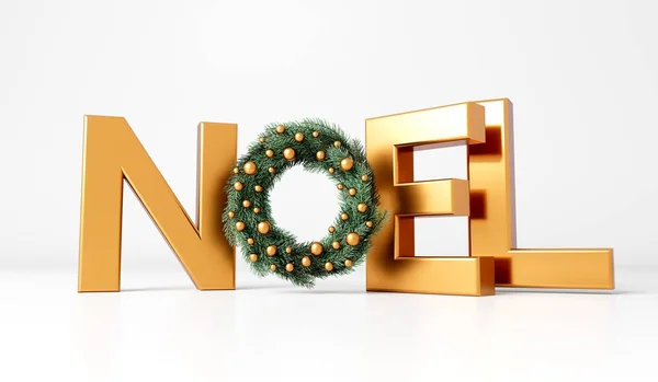 Szczęśliwego Bożego Narodzenia Noel Złoty Tekst Świąteczną Gałązką Jodły Wieniec — Zdjęcie stockowe
