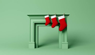 Noel 'de şömineden sarkan şenlikli çorap. Minimum tasarım. 3B Hazırlama.