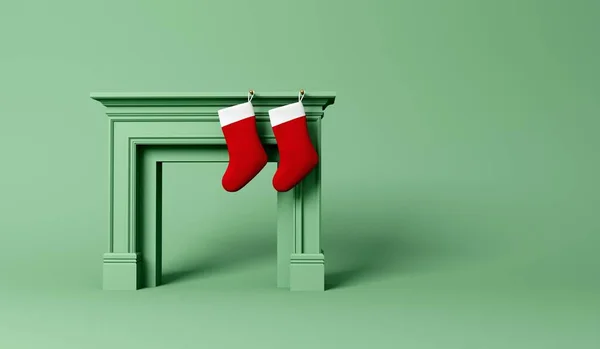 圣诞节的时候 节日的长袜挂在壁炉上 最小的设计 3D渲染 — 图库照片