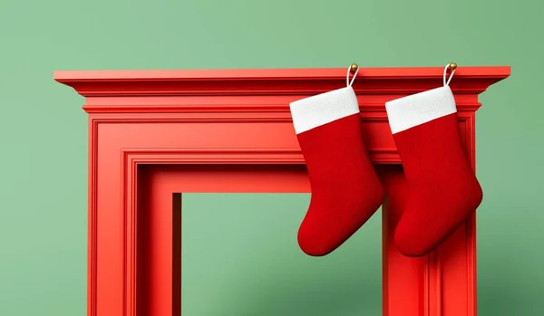 Festive Stocking Hanging Fireplace Christmas Minimal Design Rendering — Stock Photo, Image