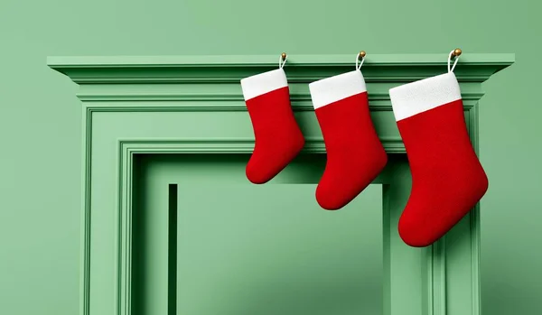 Noel Şömineden Sarkan Şenlikli Çorap Minimum Tasarım Hazırlama — Stok fotoğraf