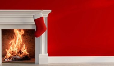 Festive stocking hanging from a fireplace at Christmas. 3D Rendering. clipart