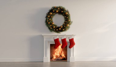 Şöminede asılı kırmızı Noel çorabı. Şenlikli, samimi tatil geçmişi. 3B Hazırlama.