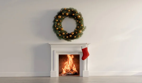 暖炉の上に吊るされた赤いクリスマスのストッキング 居心地の良い休日の背景 3Dレンダリング — ストック写真