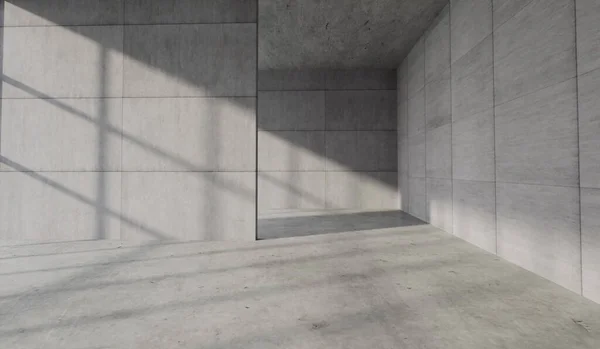 Concrete Modern Interior Space Blank Walls Sunlight Casting Shadows Rendering — Stock Photo, Image