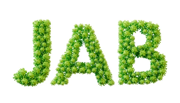 Jab word made from green bacteria cell molecule font. Health and wellbeing. 3D Rendering.