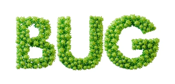 Bug word made from green bacteria cell molecule font. Health and wellbeing. 3D Rendering.