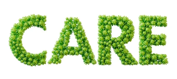 Care word made from green bacteria cell molecule font. Health and wellbeing. 3D Rendering.