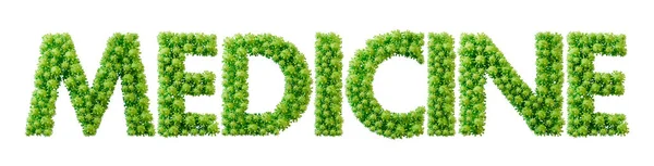 Medicine word made from green bacteria cell molecule font. Health and wellbeing. 3D Rendering.