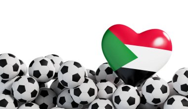 Futbol geçmişi olan Sudan bayrağı kalbi. Futbol afişi. 3B Hazırlama.