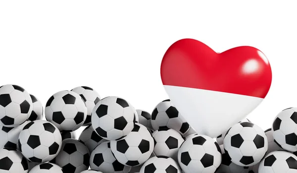 Indonesia flag heart with a soccer ball background. Football banner. 3D Rendering.