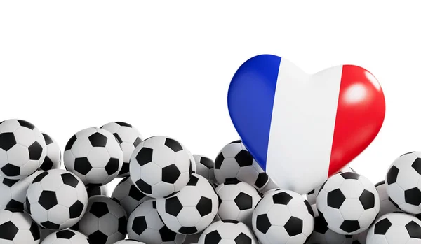 サッカーボールの背景を持つフランスの国旗の心 サッカーバナー 3Dレンダリング — ストック写真